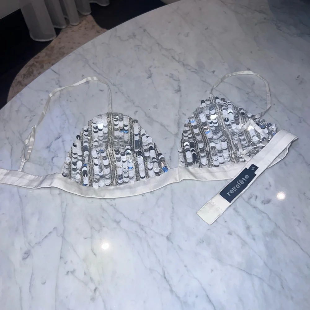 Retrofete white satin bralette with silver sequins - Picture 3 of 5